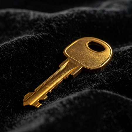 A single, gleaming golden key rests on a plush, dark textured fabric, its metallic surface catching the light.の素材