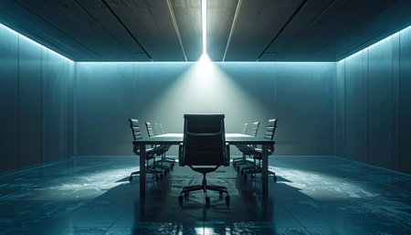 In a high-tech, clandestine boardroom, a single spotlight illuminates the empty head chair.の素材