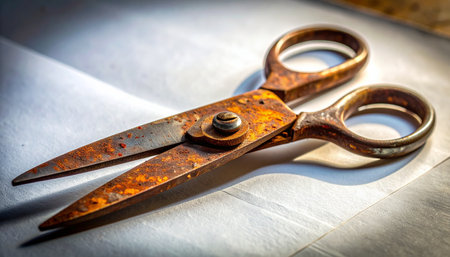 A pair of old, rusty scissors rests on a surface, bathed in soft light.の素材
