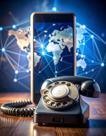 A vintage rotary telephone sits in front of a modern smartphone displaying a glowing global network, symbolizing the dramatic evolution of communication technology.の素材