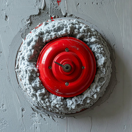 A close-up of a vintage red fire alarm bell, weathered by time and surrounded by crumbling sealant on a gray industrial wall.の素材