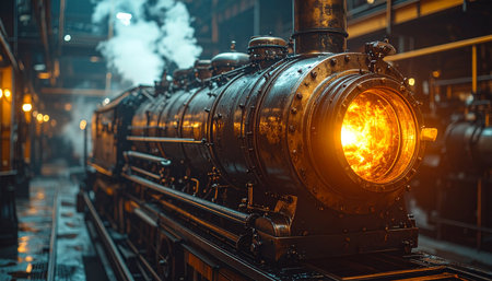 A magnificent steampunk locomotive rests at a dimly lit Victorian station, its powerful engine glowing with intense heat.の素材