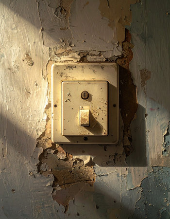 A forgotten light switch, stained by time, remains on a crumbling wall with peeling paint.の素材