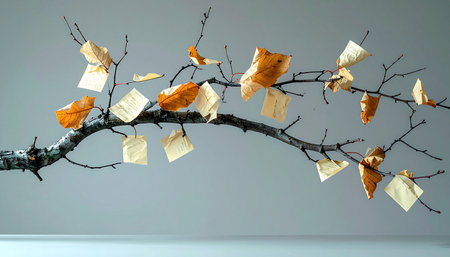 Small notes, like autumn leaves of memory and hope, hang delicately from a bare branch.の素材