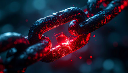 In the darkness, a heavy iron chain is put to the test. One link glows with immense, fiery energy, representing either the single point of failure or the core source of its incredible strength.の素材