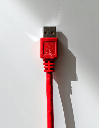 A well-used red USB cable stands against a stark white background, its cracked connector and textured cord telling a story of countless data transfers.の素材