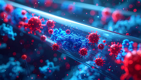 A microscopic view inside a vessel reveals a dynamic struggle as a virulent pathogen, shown in red, spreads rapidly, challenging the body's blue cellular defenses.の素材