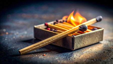 A single matchstick bursts into a vibrant flame, its warm light pushing back the shadows on a dark, rustic surface.の素材