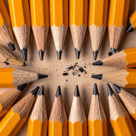 A group of freshly sharpened pencils gathers in a circle, their points aimed at the center where the remnants of their preparation lie.の素材