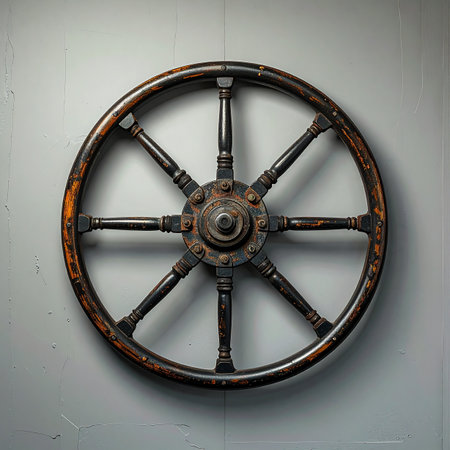 An old wooden ship's wheel hangs silently on a wall, a relic of countless voyages and storms.の素材