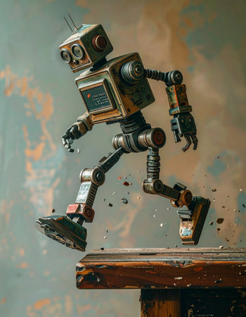 An old, rusty robot takes a courageous first step off a ledge into an unknown future.の素材