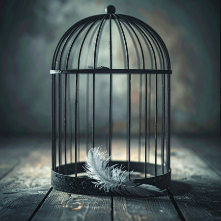 In a quiet, dimly lit room, an old birdcage sits empty on a wooden surface.の素材