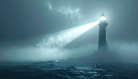 A solitary lighthouse stands firm against the turbulent sea, its powerful beacon cutting through the dense, mysterious fog.の素材