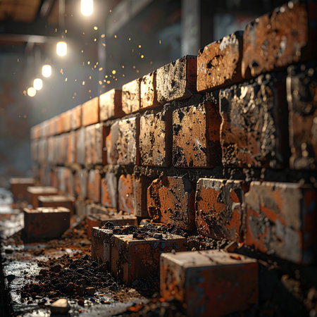 In the dim light of an industrial plant, a long line of freshly formed bricks awaits the next stage of production.の素材