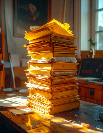 A massive stack of old, yellowed documents glows in the warm afternoon sunlight, casting long shadows across a vintage wooden desk.の素材