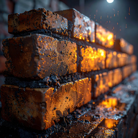 Freshly fired from the intense heat of the kiln, a stack of bricks glows with residual energy.の素材