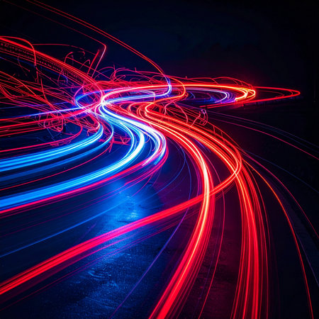 Streams of vibrant red and blue light carve through the darkness, representing the relentless flow of data and energy in a futuristic digital landscape.の素材
