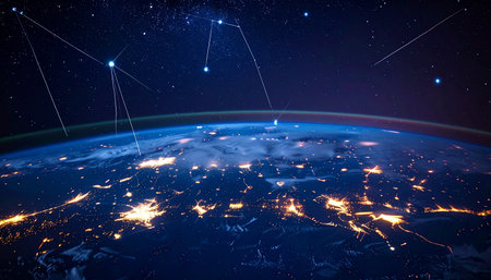 From the silent expanse of space, lines of light trace the paths of digital information, connecting glowing cities across the planet.の素材