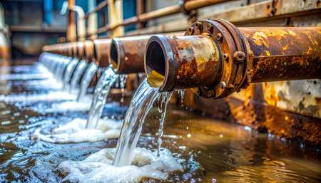 A close-up view captures the relentless flow of industrial wastewater from a series of heavily corroded pipes.の素材