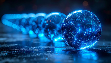 A row of luminous blue spheres pulsates with interconnected energy, representing a vast digital network of data and information.の素材
