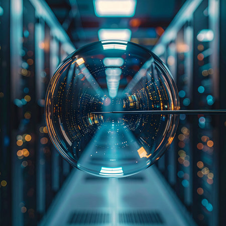 A crystal-clear sphere hovers weightlessly in the center of a high-tech server room corridor.の素材