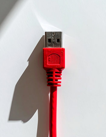 A single red USB cable stands ready against a clean white background, its bold shadow hinting at the powerful data and energy it's prepared to transfer.の素材