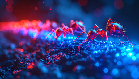 A colony of ants marches in perfect unison along a glowing data stream, representing a collective consciousness at the intersection of nature and artificial intelligence.の素材
