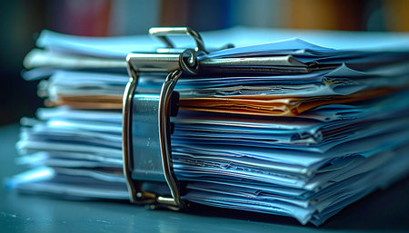 A close-up shot captures the immense pressure of a metal clip holding together a towering stack of important documents.の素材