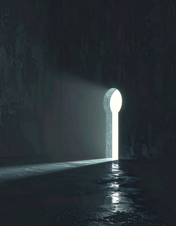 In a dark and mysterious space, a brilliant beam of light streams through a keyhole-shaped doorway, casting a hopeful glow across a reflective floor.の素材
