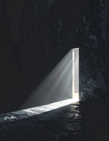 A powerful beam of light cuts through the deep darkness, illuminating the surface of rippling water.の素材