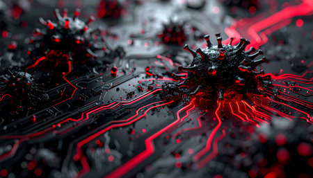 A malicious digital virus, visualized as a biological pathogen, spreads across a complex motherboard.の素材