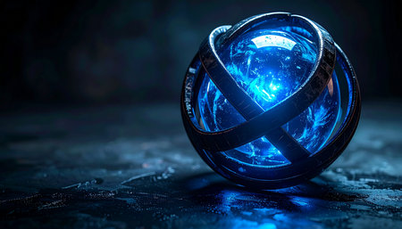 A mysterious blue orb pulsates with an unknown energy, casting an ethereal glow on the dark, wet ground.の素材