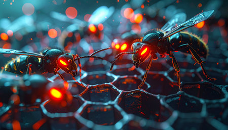 A swarm of cybernetic bees with glowing red eyes meticulously works across a luminous digital honeycomb.の素材