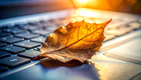 A single golden autumn leaf rests on a laptop keyboard, bathed in the warm glow of a setting sun.の素材