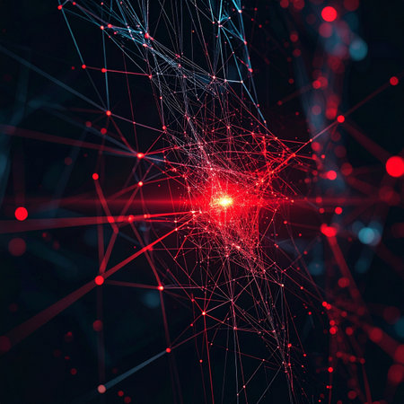 A vibrant red core pulsates with energy, sending out streams of data through a complex, interconnected digital web.の素材