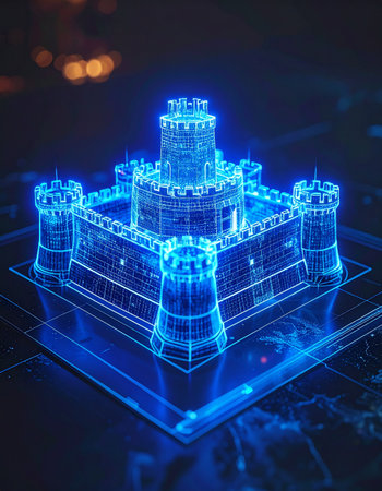 A glowing blue hologram of a medieval castle rises from a digital platform, symbolizing an impenetrable fortress of modern cybersecurity.の素材