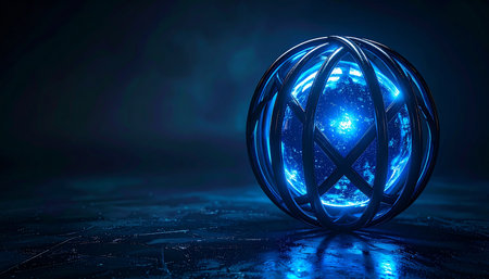 In a dark, moody setting, a mysterious spherical artifact hums with untold power.の素材