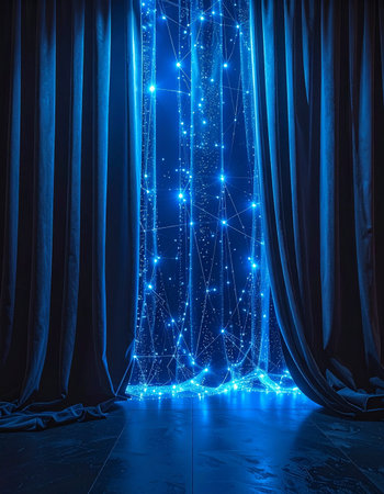 Parting the heavy curtains reveals not a window, but a shimmering cascade of blue light.の素材