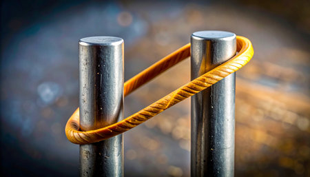 Two strong metal pillars stand together, forever linked by a single golden ring.の素材