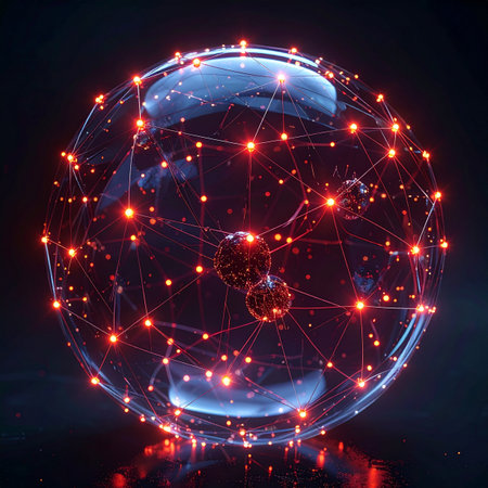 A luminous sphere encapsulates a complex neural network, its nodes glowing with fiery red energy.の素材