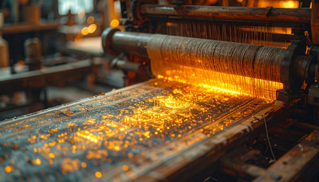 In the heart of a bustling factory, a sheet of glowing hot steel moves along an automated production line.の素材