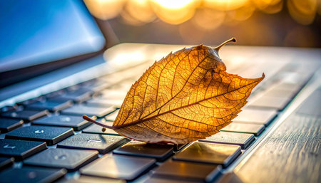 As the seasons change outside, a single dry leaf finds its way indoors, bringing a touch of autumn's quiet beauty to the workspace.の素材