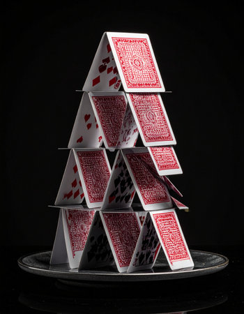 A carefully constructed tower of playing cards stands on a silver platter, a symbol of precision, strategy, and high-stakes risk.の素材