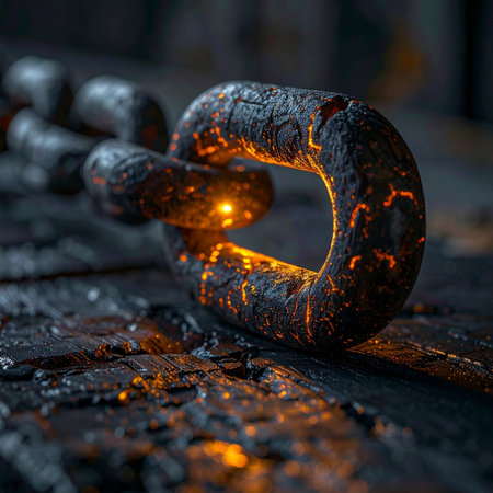 In the intense heat of the forge, a heavy iron chain link glows with fiery energy.の素材