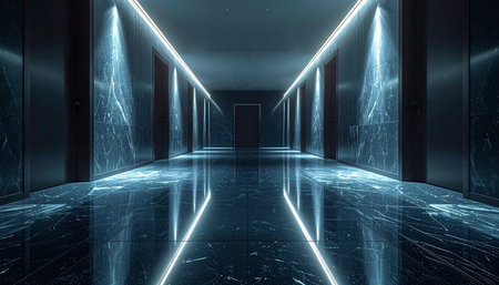 Step into a mysterious, high-tech future through this long, empty corridor illuminated by glowing blue neon lights.の素材