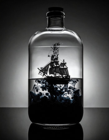A dramatic black and white scene captures the impossible voyage of a miniature ship, forever sailing on a dark, stormy sea contained within a glass bottle.の素材