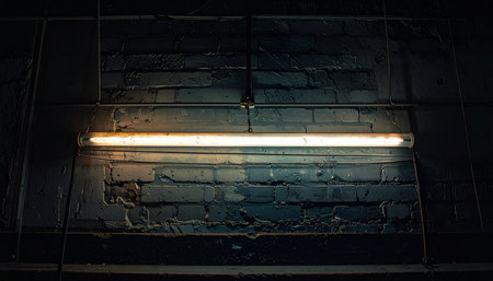A single fluorescent tube light casts a stark, warm glow across a dark, weathered brick wall.の素材