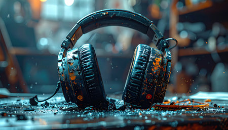 In the quiet aftermath of a furious online battle, a gaming headset lies in ruins, still smoking from the intense pressure.の素材