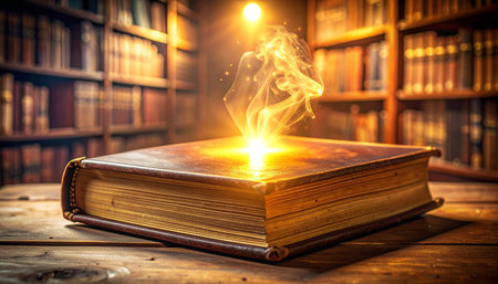 In the quiet depths of a forgotten library, an ancient tome awakens.の素材