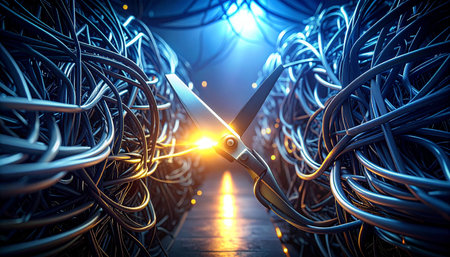 A journey into the heart of a massive digital brain, where bundles of complex cables pulse with data.の素材